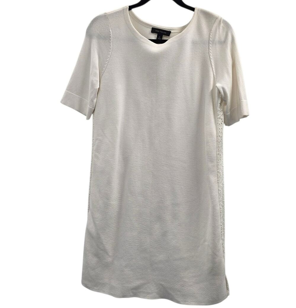 Ann Taylor Dress Womens Small White Eyelet Shift Casual Coastal Chic Boho